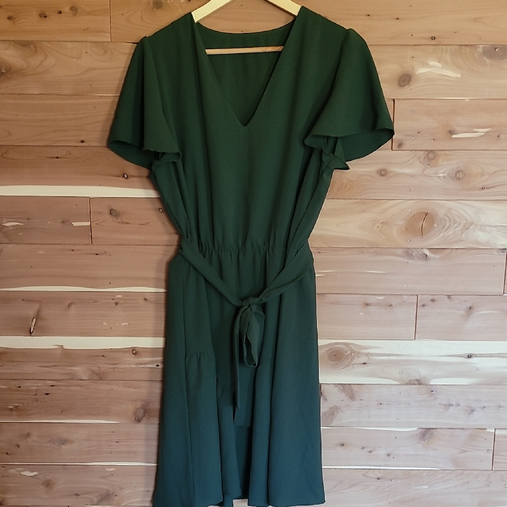 Shein Elegant Dark Olive Green V-Neck Dress, Size L, Soft